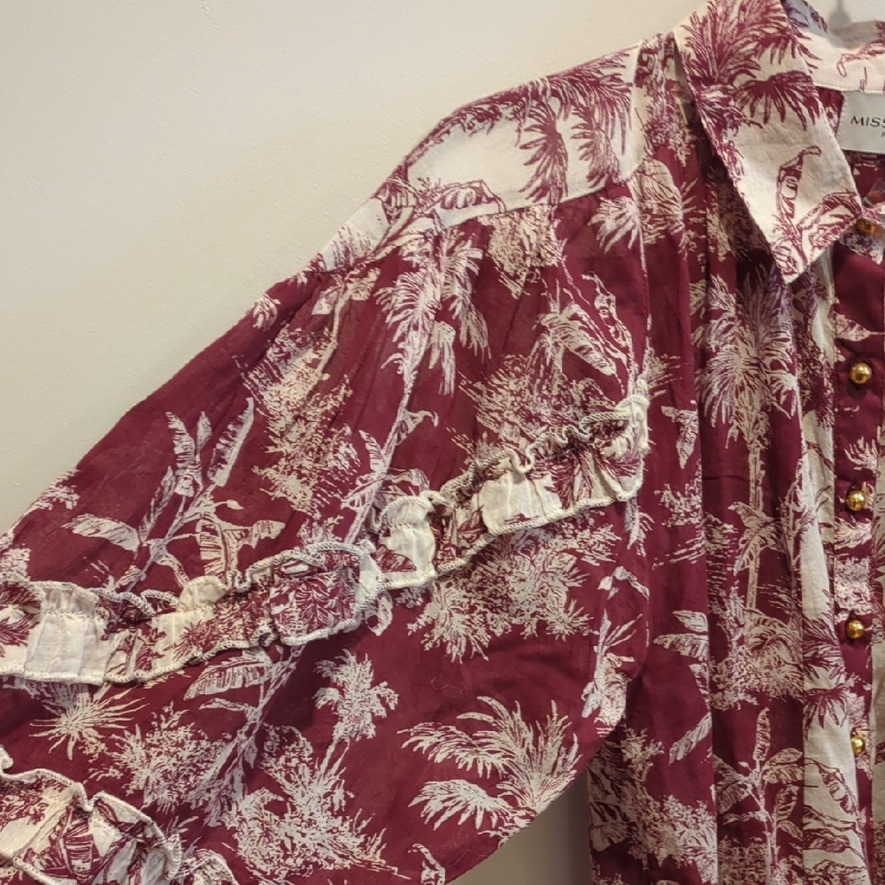 Miss June Cotton Boho Paris Toile Ruffle Sleeve Mini Dress Burgundy Red Boho NWT - Picture 5 of 12